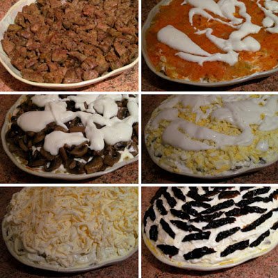 Очень полезный и сытный слоеный салат с грибами, а так же черносливом и печенью – готовим совсем без майонеза